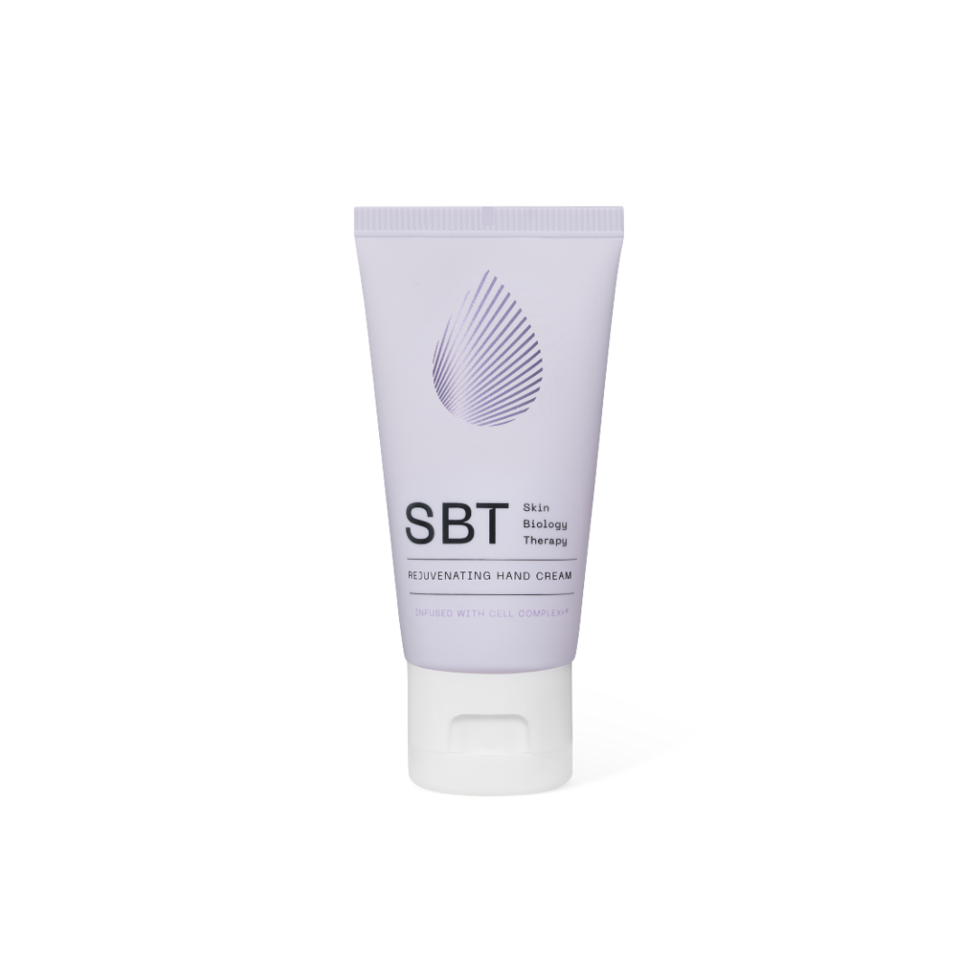 Tube of SBT Skin Biology Therapy hand cream on a white background