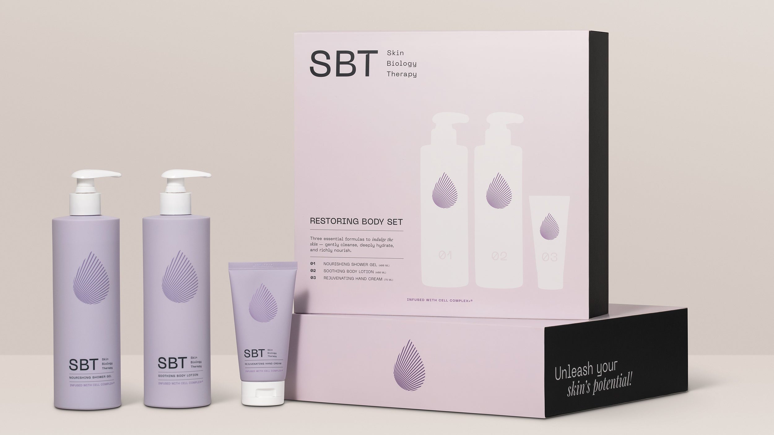 SBT skincare product set with bottles and a box on a light background